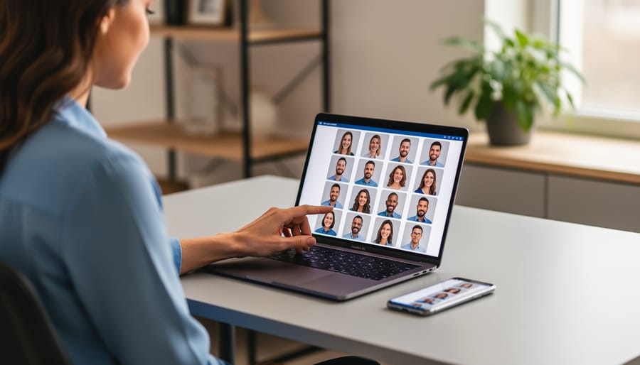 Over-the-shoulder view of a woman entrepreneur selecting from a grid of professional headshot thumbnails on a laptop, with a smartphone and softly blurred home office in the background under natural window light.