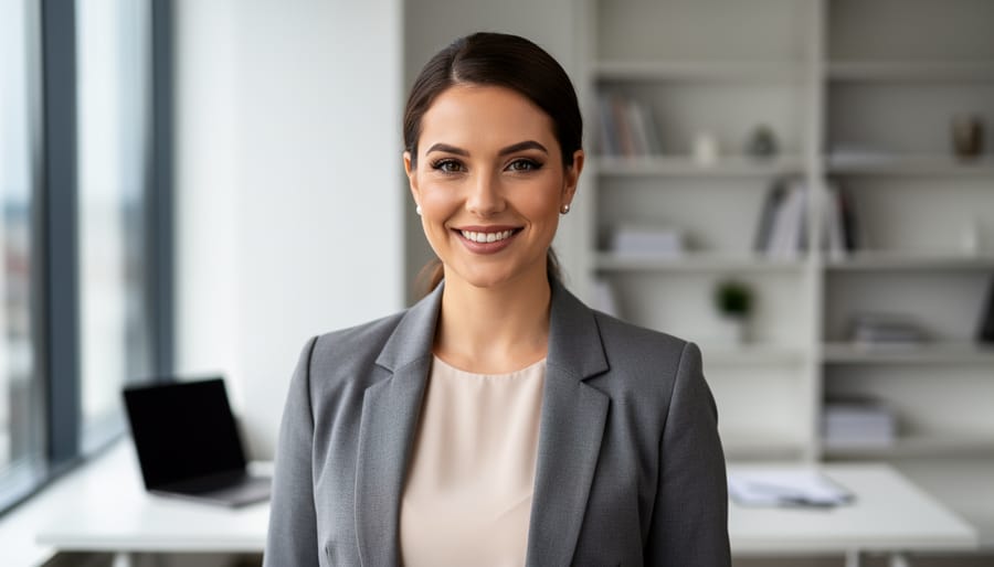 Professional businesswoman working confidently at home office desk