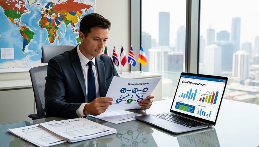 International currency and financial documents on desk representing cross-border income management