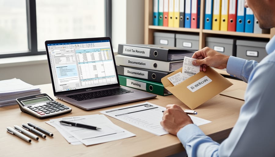 Business owner organizing tax documents and financial records on desk