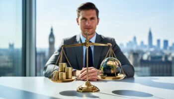 UK entrepreneur at a desk focusing on a brass balance scale with pound coins on one side and a small globe on the other, soft daylight and blurred London skyline in the background.