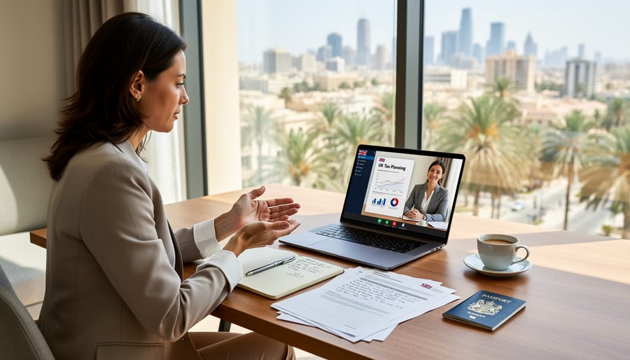 Professional woman working remotely on laptop with international city skyline in background