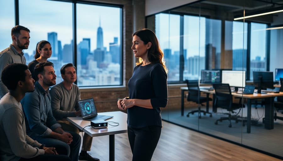 Woman entrepreneur presenting a sleek prototype to diverse investors in a loft office with city skyline, soft natural daylight, shallow depth of field emphasizing the founder, and blurred tech equipment in the background.