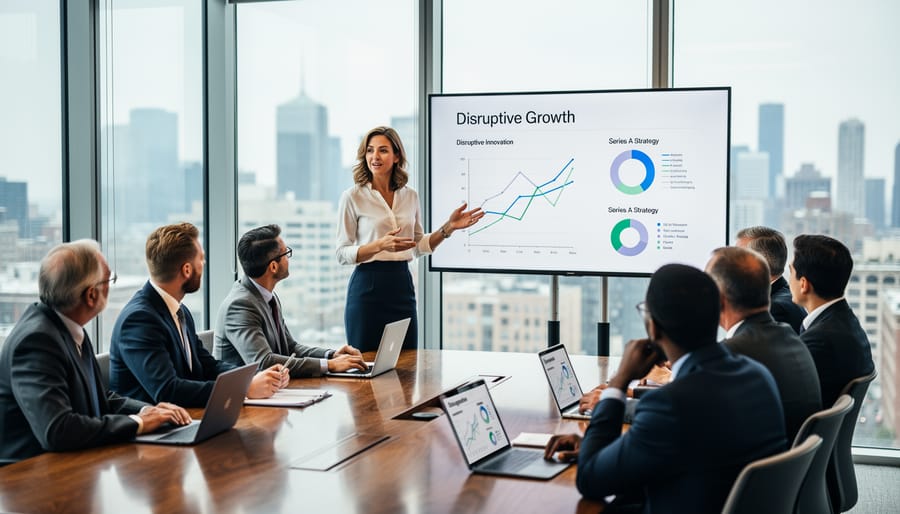 Woman entrepreneur delivering business pitch presentation to potential investors