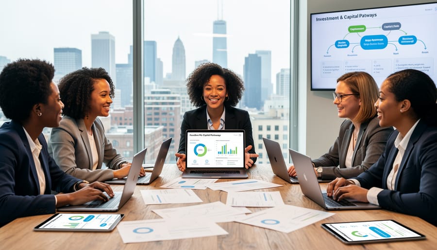 Diverse women business leaders collaborating in modern office setting