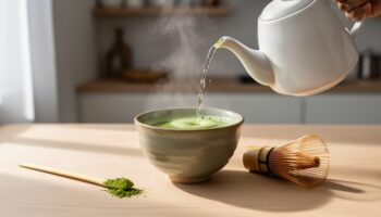 “Ceremonial matcha bowl with bamboo whisk and matcha scoop on a wooden table, with a kettle pouring under soft morning daylight for a calm focus ritual.”