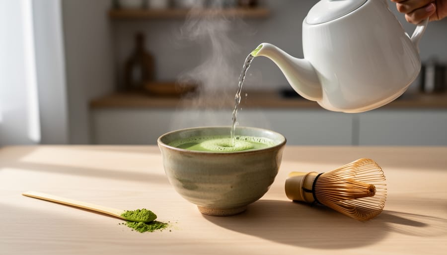 “Ceremonial matcha bowl with bamboo whisk and matcha scoop on a wooden table, with a kettle pouring under soft morning daylight for a calm focus ritual.”