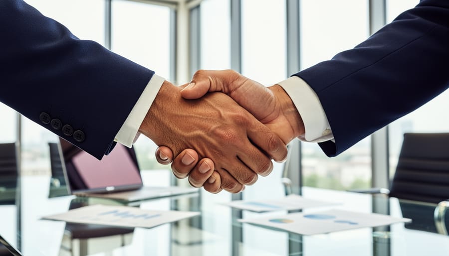 Close-up of a handshake between two professionals over a desk