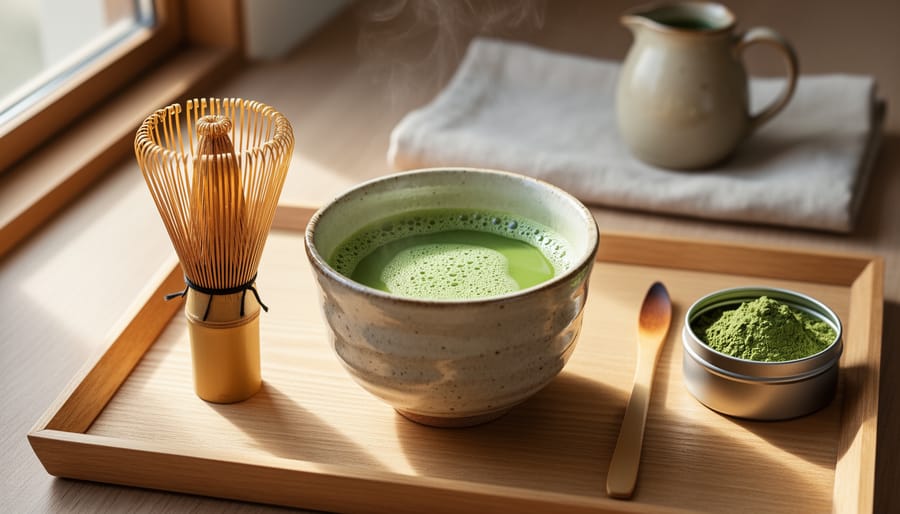 Close-up of ceremonial matcha bowl, bamboo whisk, scoop, and sifter on a wooden countertop.
