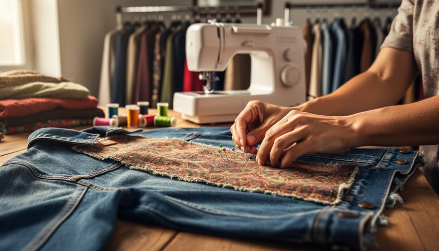 “Hands pinning fabric onto an upcycled denim jacket on a cutting table with sewing supplies and thrifted clothing in a softly lit studio.”