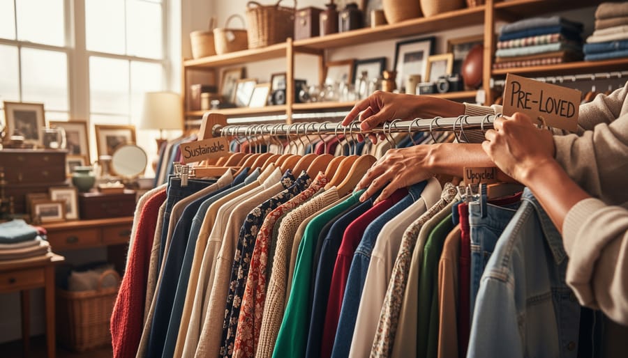 Hands sorting through a rack of vintage clothes with visible denim and cotton fabrics in a thrift store setting