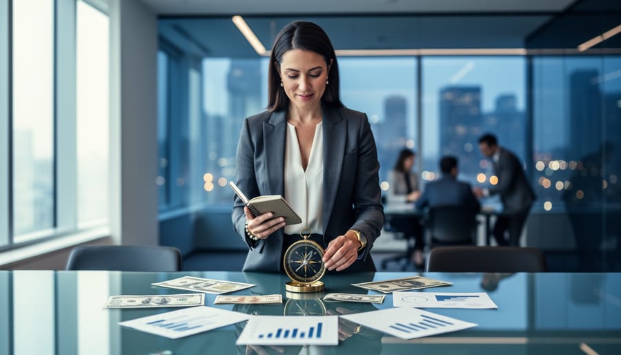 “Confident professional woman reviewing strategic objects on a conference table in a modern office with soft natural light.”