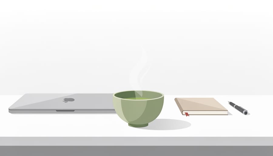 Top-down view of a steaming matcha bowl on a desk with a planner and phone nearby, evoking focused morning calm.
