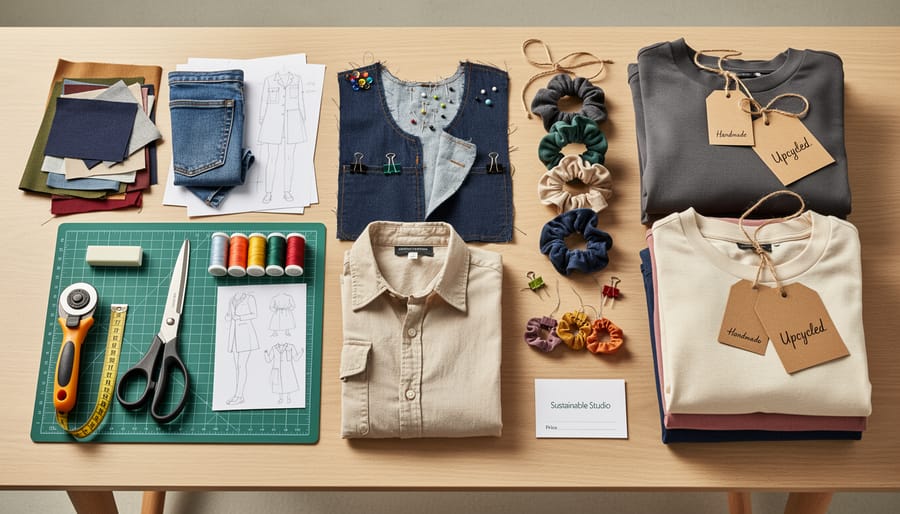 Upcycled garment laid out on a studio table with measuring tape and fabric scraps in a neat, professional arrangement