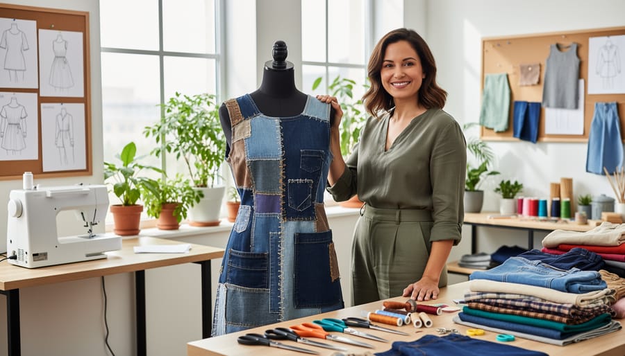 Woman entrepreneur holding a finished patchwork upcycled jacket in her studio with sewing tools in the background