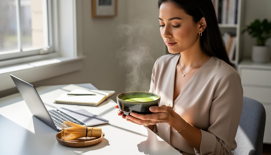 Working woman holding a ceremonial matcha bowl in a bright home office before starting work.