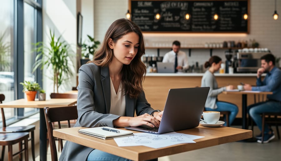 Young woman entrepreneur working with a smartphone and notebook at a laptop in a café