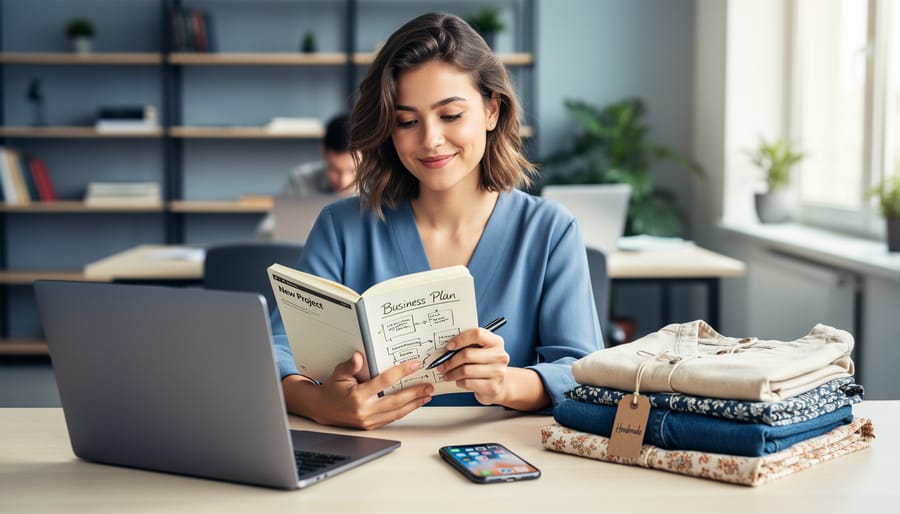 Young woman working at a desk with a notebook and laptop, alongside small handmade fashion or business items, suggesting early entrepreneurship while in school.