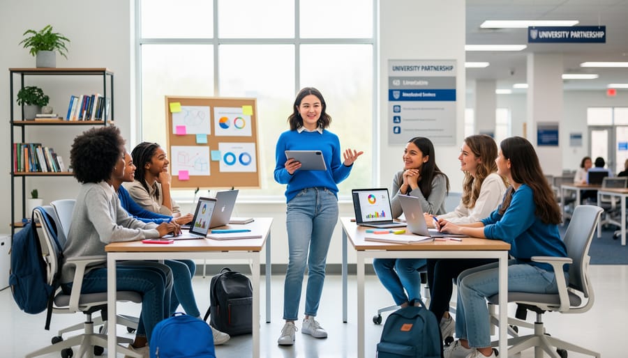 “Young women collaborating in a bright Kansas co-working space with laptops, one presenting a pitch on a tablet while others mentor and listen.”
