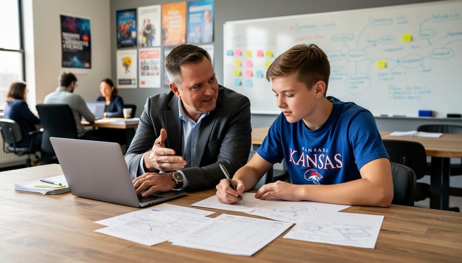 Youth entrepreneurs collaborating with a mentor in a community workspace while discussing a prototype model and taking notes.