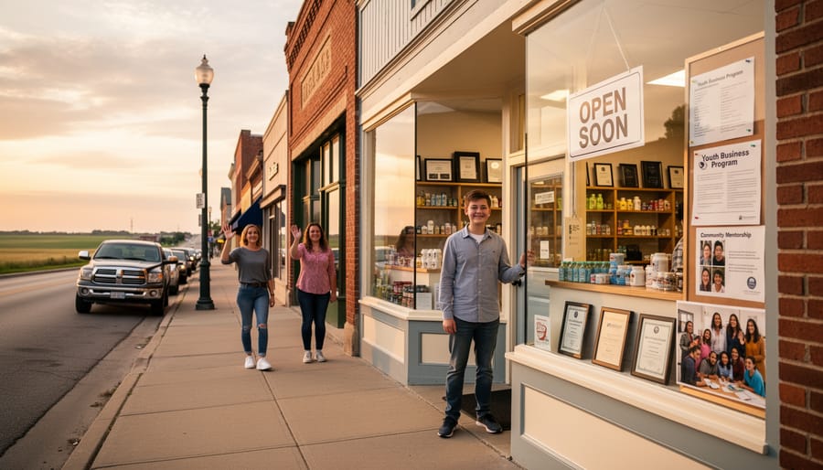 Young entrepreneur locking up a small storefront with a window display of products in a Kansas town.