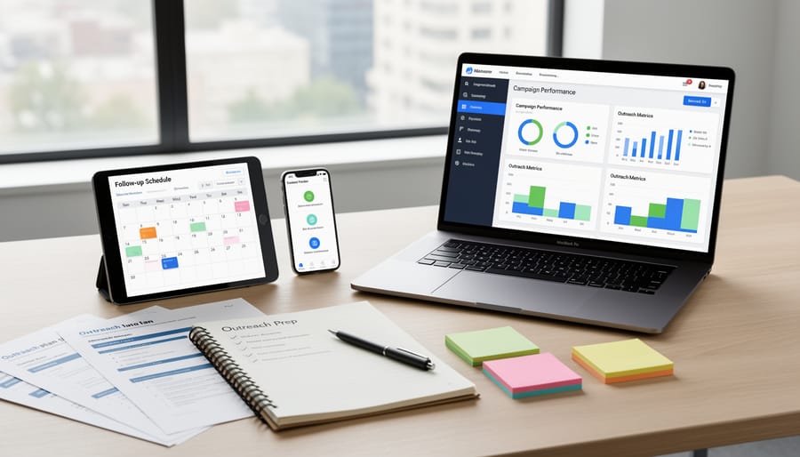 Laptop, notebook, and blank customer-planning documents arranged neatly on a table for tracking customer discovery