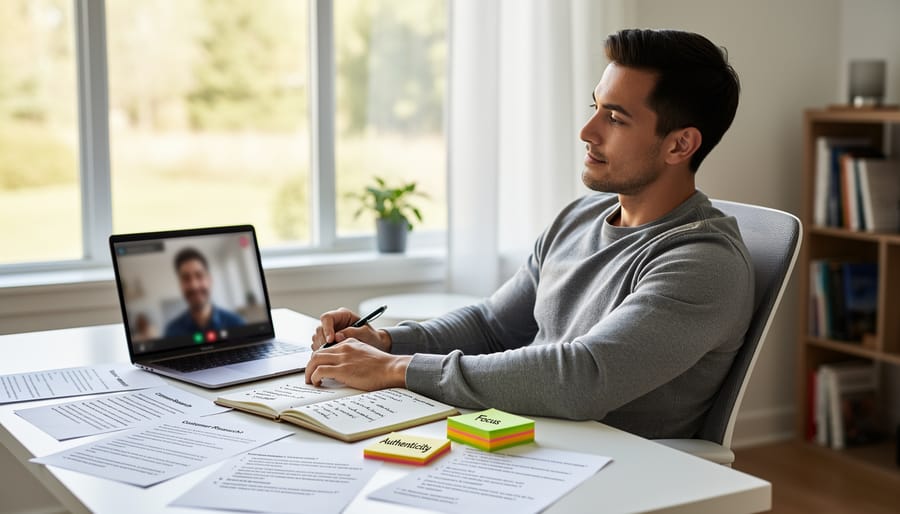 Woman entrepreneur working at a home office desk with laptop and smartphone beside an open notebook