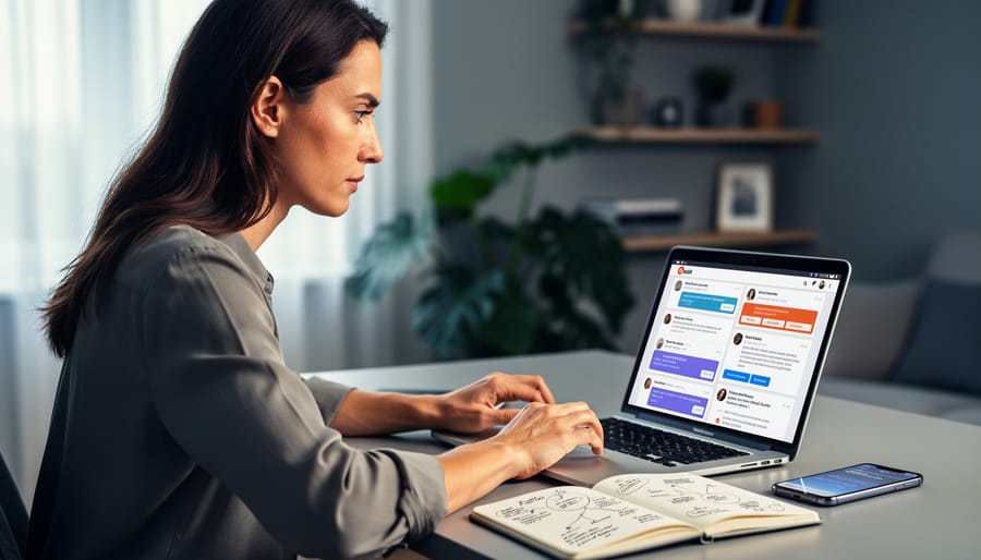 A woman entrepreneur in a home office looks at her laptop while taking notes, representing using Reddit to find first paying customers.
